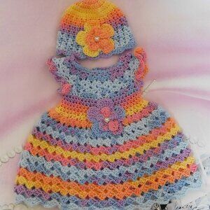 Crochet Baby Dress Handmade, Fits 0-3 Month, Baby Shower Gift, Flower Dress